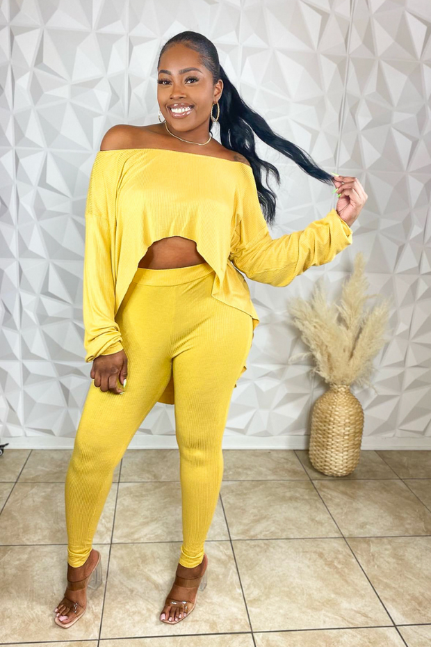 Just Kicking It Off The Shoulder Ribbed Legging Set (Yellow)-FINAL SALE