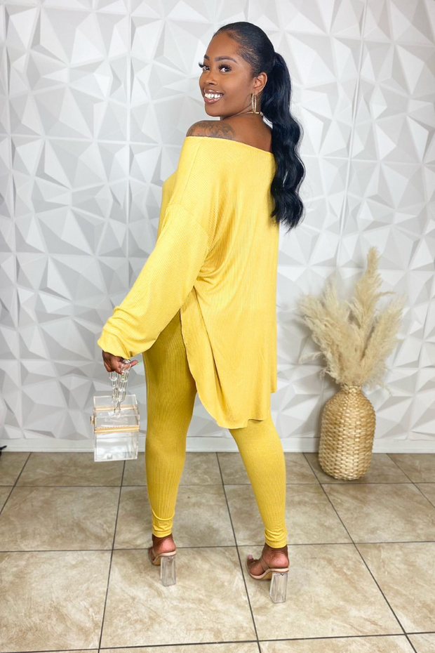 Just Kicking It Off The Shoulder Ribbed Legging Set (Yellow)-FINAL SALE